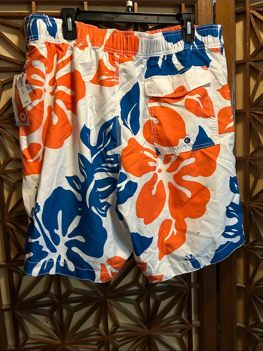 Old Navy White Swim Shorts with Blue & Orange Hibiscus Print XL NWT